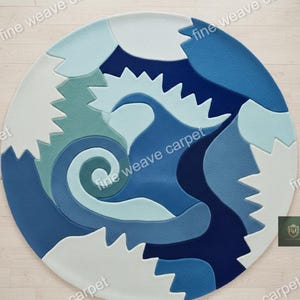 Round Blue Abstract Hand Tufted Rug - 3D Wave Pattern Wool Area Carpet - Modern Coastal Home Decor- Luxury Textured Rug for Living Room Rug.