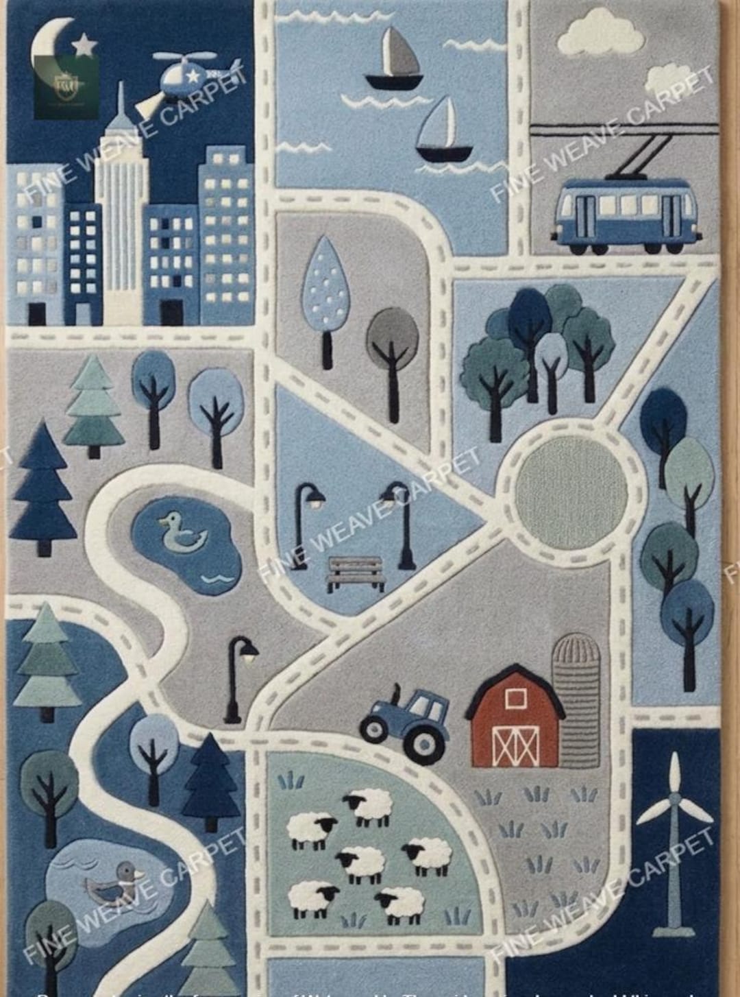 Hand Tufted Blue City Map Rug for Kids Room - Modern Play Road Carpet ...