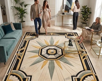 Tappeto Art Déco annodato a mano, tappeto geometrico in lana con motivo Sunburst, decorazione da pavimento in stile moderno di metà secolo per il soggiorno, grande tappeto intagliato in 3D color oro e salvia.
