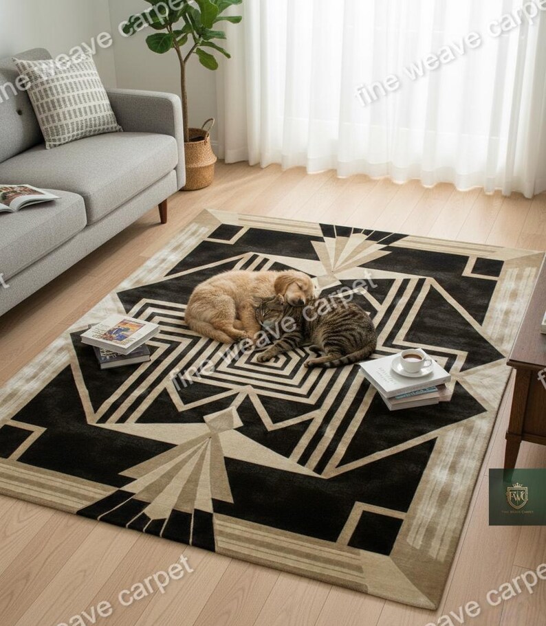 Pu&ograve; includere: Un grande tappeto rettangolare con un design geometrico in nero, beige e crema. Il tappeto presenta un motivo centrale a stella e un bordo. Un golden retriever e un gatto tigrato sono sdraiati sul tappeto.