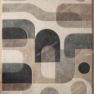 Hand Tufted Abstract Rug, Area Mid Century Modern Rug, Neutral Sculpted Cut Pile, Large 5x7 8x10 Plush Wool Area Rug, Beige Gray Boho Decor.