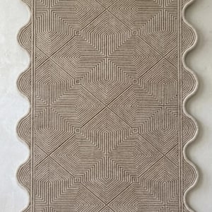 Hand Tufted Wool Rug, Neutral Beige Geometric Rug, Scandinavian Modern Area Rug, High Pile Tufted Carpet, Wavy Border Contemporary Rug .