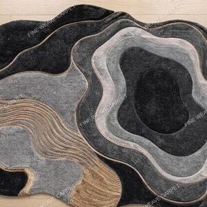 Hand Tufted Wool Rug, Abstract Organic Shape Rug, Modern Area Rug, Neutral Grey Black Beige Rug, Luxury Carpet, Contemporary Home Decor Rug.