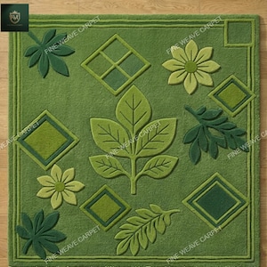 Hand Tufted Rug - Textured Sage Green Leaf Wall Hanging - Modern Geometric Botanical Area Rug - Custom Hand Carved Wool Carpet Unique Nature