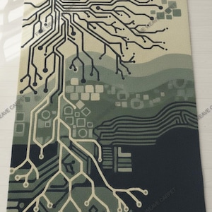 Könnte beinhalten: Ein rechteckiger Teppich mit einem Leiterplatten-Design. Der Teppich zeigt ein Netzwerk aus schwarzen Linien und Formen vor einem Hintergrund aus grünen, grauen und beigen Farbtönen. Das Design ähnelt einem Baum mit Wurzeln und Ästen.