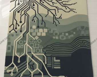 Tappeto a forma di albero con motivo a circuito fatto a mano - Tappeto con estetica cyberpunk - Tappeto verde e crema con design biofilico - Arredamento per la casa con tecnologia moderna.