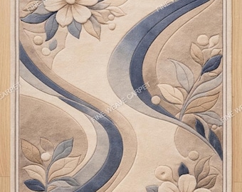 Moderno tappeto in lana 3D trapuntato a mano, a pelo alto, con motivo floreale intagliato, ideale per soggiorno e camera da letto. Tappeto testurizzato beige e blu | Tappeto in lana scolpito.
