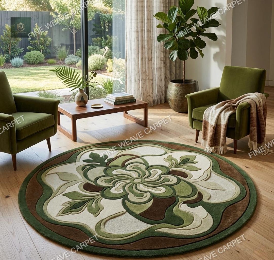 Hand Tufted 3D Rug, Moss Green Flower Round Area Rug, Large Wool Carved ...