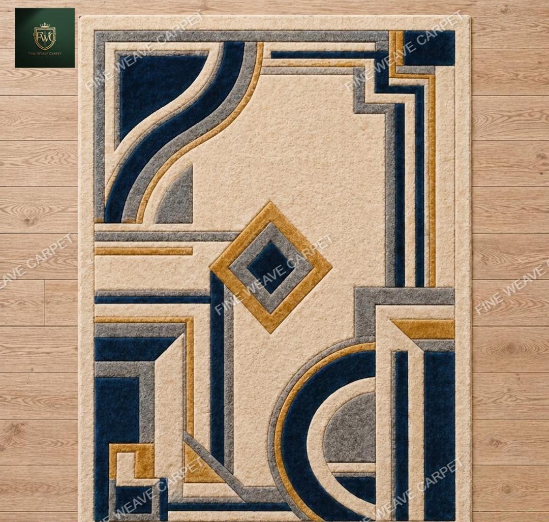 Hand Tufted Geometric Rug, Modern Art Deco Area Rug, Blue Gold Abstract ...