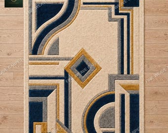 Tappeto geometrico trapuntato a mano, tappeto moderno in stile Art Déco, tappeto astratto blu e oro, tappeto di lusso in lana, tappeto contemporaneo per soggiorno, tappeto di design.