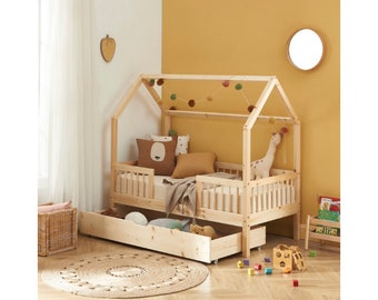 Lit cabane, Hausbett mit Schublade, House bed with drawers, Montessori Bed,  Toddler bed with Drawer,  Letto Montessori, Toddler House Bed