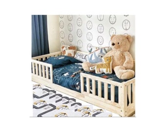 Bodenbett, Kleinkinderbett mit Lattenrost, Montessori-Bett, Kinderbett, Kleinkinderschlafzimmer, Kinderbett, Bett mit Barrieren, Holzbett, Plattformbett