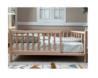 Montessori bed, Peuterbed met lattenbodem, Vloerbed, Kinderbed, Kinderbed, Bett mit Barrieren und Lattenrosten, Lit enfant, Platformbed