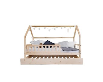 House bed with pull-oud bed, Kinderbett, Montessori bed with a pull-out bed, Lit cabane, Montessori Bed Letto, Toddler with pull-oud bed