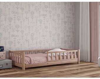 Kleinkindbett mit Latten, Montessori-Bodenbett, Bodenbett, Kinderbett, Kleinkindschlafzimmer, Kinderbett, Bett mit Barrieren, Holzbett, Plattformbett