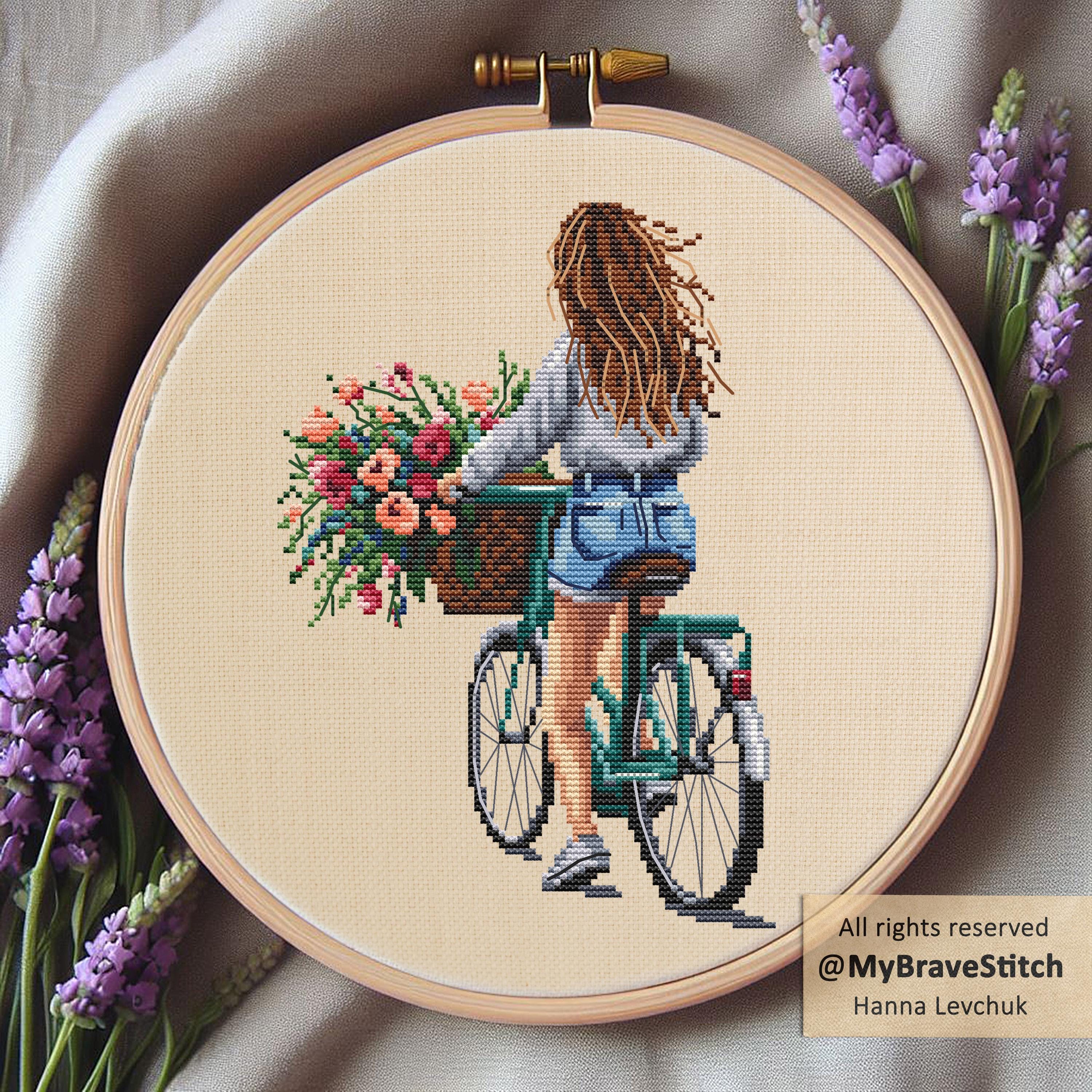 自転車に乗った女の子と花のクロスステッチパターン（デジタルPDF