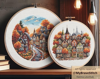 Set of Two Autumn Village Cross Stitch Pattern, Fall Home Decor (PDF Pattern)