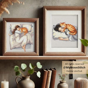 May include: Two framed cross-stitch artworks show a person and a ginger cat in bed. The artwork on the left shows a person sleeping with a cat, while the right artwork shows a close-up of a person and a cat. The frames are brown.