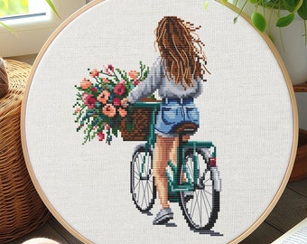 Girl On Bike Cross Stitch Pattern, Cross Stitch Pattern Flower, count cross stitch pattern, cross stitch, cross stitch kit, punto de cruz
