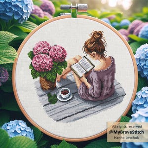 May include: Cross-stitch embroidery in a wooden hoop depicts a person reading a book outdoors. A cup of coffee and a pot of pink hydrangeas are nearby. The text "All rights reserved @MyBraveStitch Hanna Levchuk" is in the lower right corner.