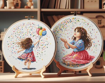 Conjunto de dos patrones de punto de cruz de niña con confeti, patrón de punto de cruz, punto de cruz, point de croix, punto de cruz, arte de punto de cruz