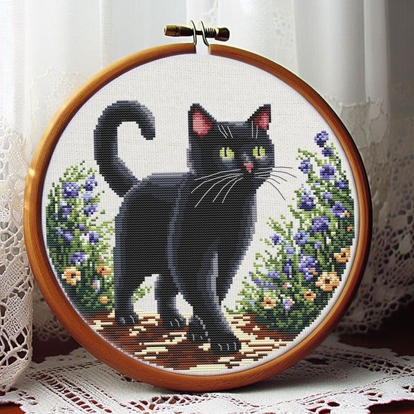 Black Cat Cross Stitch Pattern, Cross Stitch, Cross Stitch Kit, Cross Stitch Pattern Flower, Cat Cross Stitch Pattern