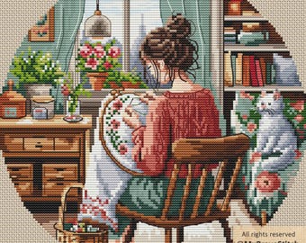 窓辺の女の子向けクロスステッチパターン、猫、花（PDFパターン