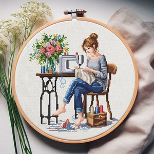 Sewing Girl Cross Stitch Pattern, Cross stitch, punto de cruz, point de croix, crossstitch pattern, cross stitch pattern pdf