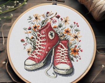 Red Sneakers wildflower cross stitch pattern, Cross Stitch Flower, Cross Stitch Pattern Flower, Cross Stitch Art