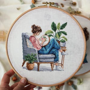 Girl Stitching Cross Stitch Pattern (PDF Digital Download)