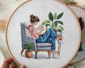 Girl Stitching Cross Stitch Pattern (PDF Digital Download)