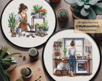 Set of Two Gardening and Cooking Girls Cross Stitch Pattern  (PDF Pattern)