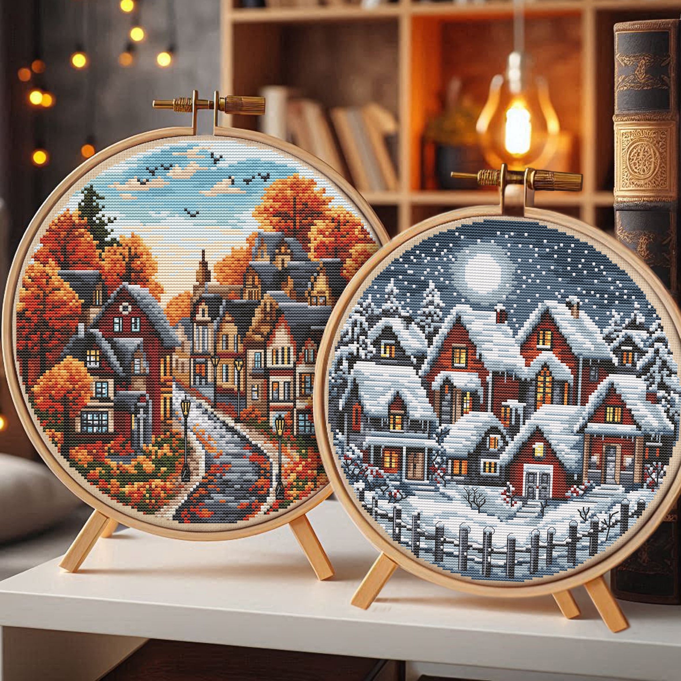 Set of Two Fall Winter Houses Cross Stitch Pattern PDF, punto de cruz, point de croix, christmas cross stitch, autumn cross stitch