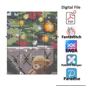 Puede incluir: Un patr&oacute;n de punto de cruz digital con un dise&ntilde;o floral colorido y un gato. La imagen incluye el texto "Archivo digital" e iconos para PDF, Fantastitch, SAGA, Pattern Keeper y Paradise.