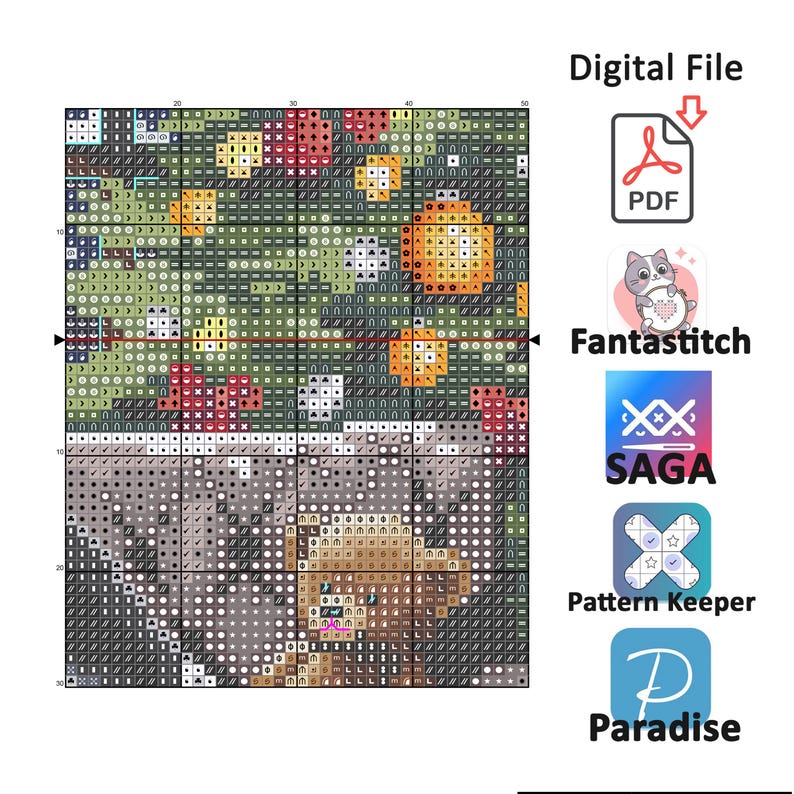 Puede incluir: Un patr&oacute;n de punto de cruz digital con un dise&ntilde;o floral colorido y un gato. La imagen incluye el texto "Archivo digital" e iconos para PDF, Fantastitch, SAGA, Pattern Keeper y Paradise.