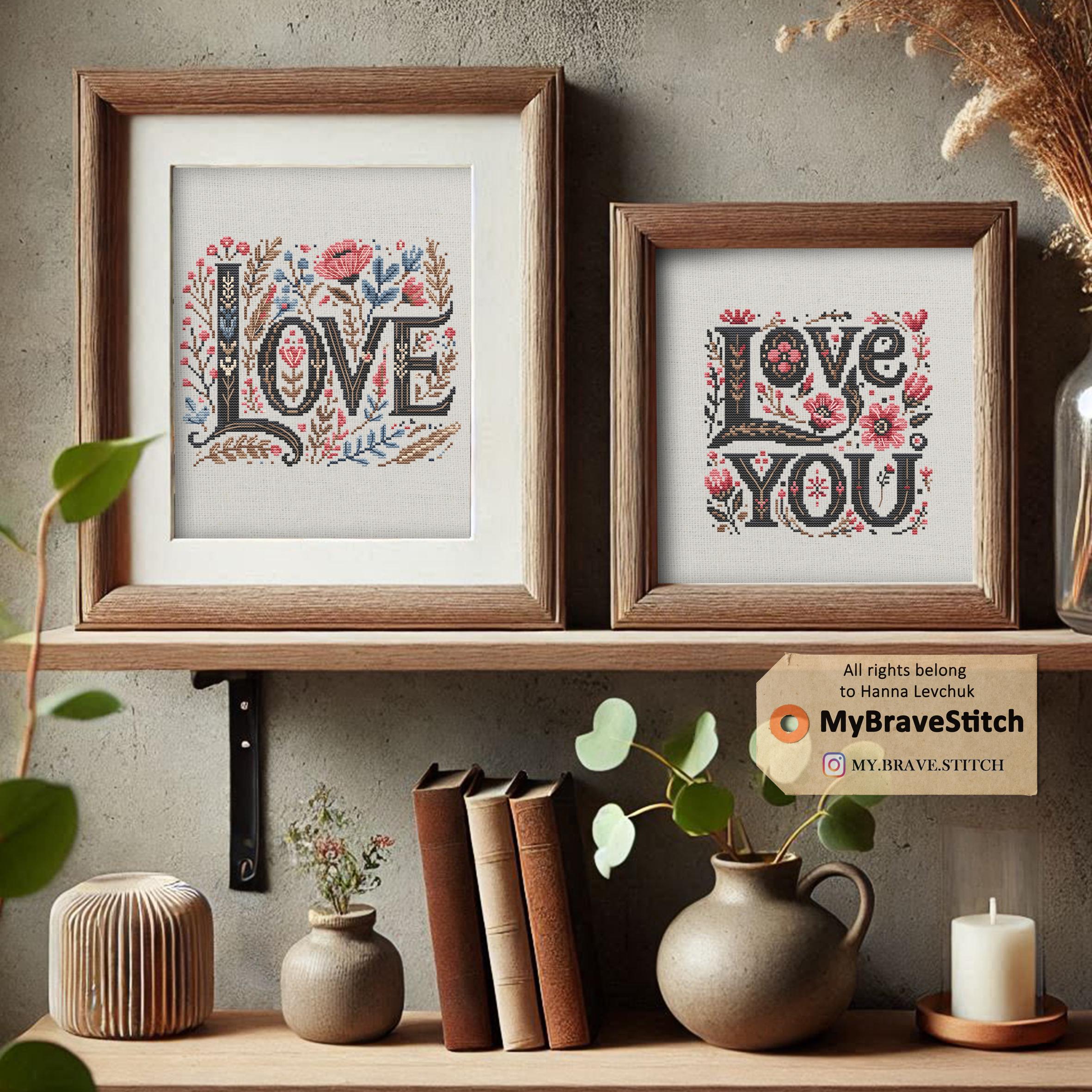 Lot de deux motifs de point de croix amour, petit point de croix, citation point de croix, dictons point de croix, motif point de croix Saint-Valentin