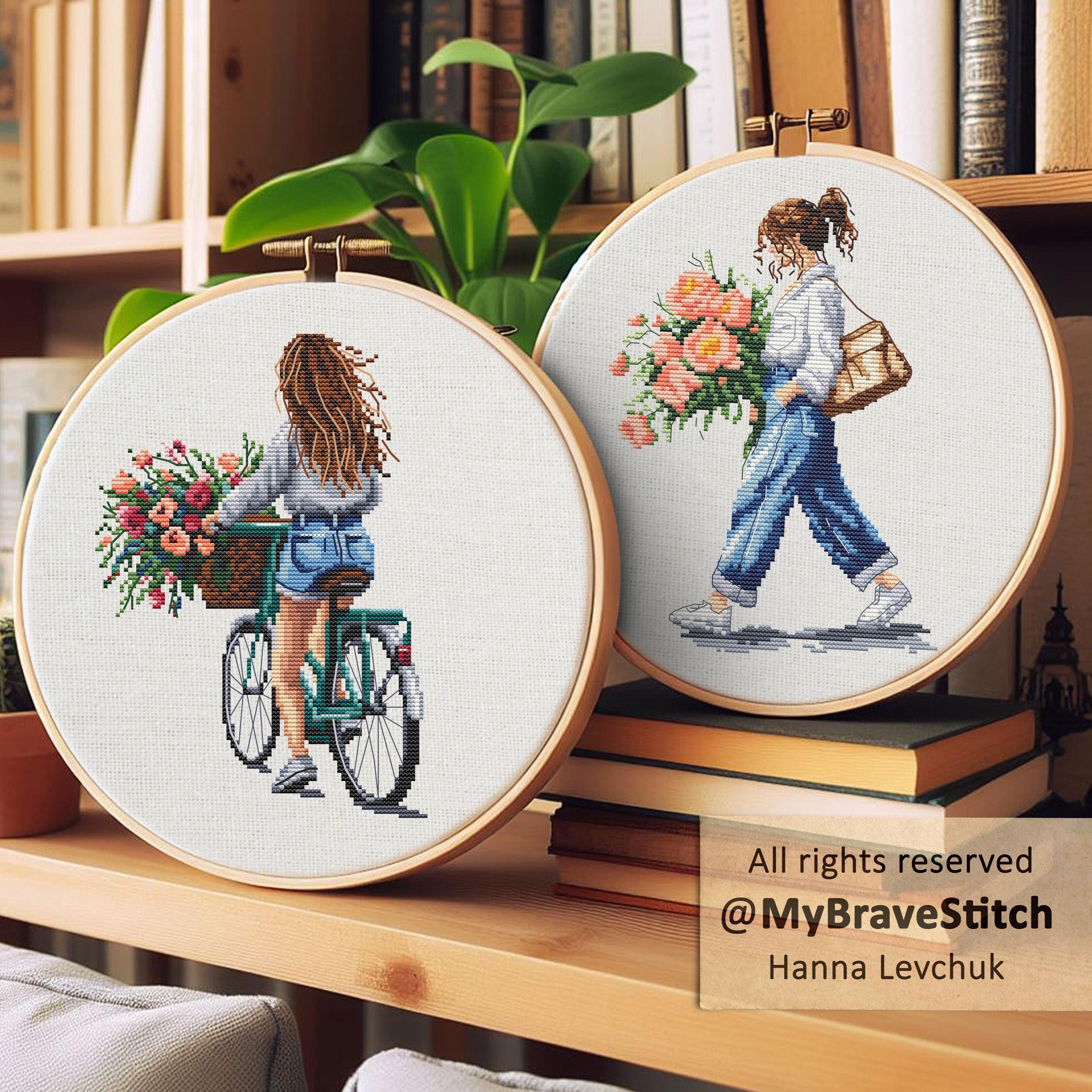 花束を持った少女2人組のクロスステッチ図案（PDF図案） - Etsy 日本