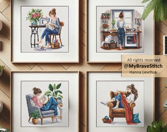 Girl Hobby Cross Stitch Pattern Set: Sewing, Cooking, Knitting (PDF Download)