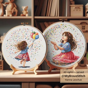 Könnte beinhalten: Zwei runde Stickrahmen auf Holzständern mit Kreuzstichmotiven eines Mädchens mit Luftballons und eines Mädchens, das Konfetti fängt. Der Text lautet: All rights reserved @MyBraveStitch Hanna Levchuk.