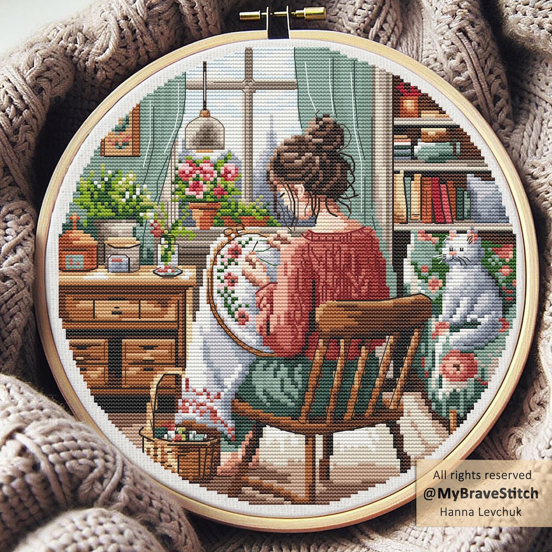 戸塚刺繍　「女の子と猫」　額入りタペストリー　【ハンドメイド作品】 il_1080xN.7981077825_o6gm.jpg