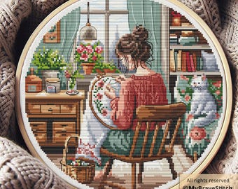 Girl Cross Stitching by Window Pattern, Cat, Flowers (PDF Pattern)