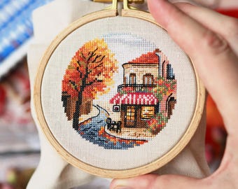 Autumn Cafe Miniature Cross Stitch Pattern PDF, Small Fall Coffee Shop Embroidery Design, Digital download, Counted Cross Stitch