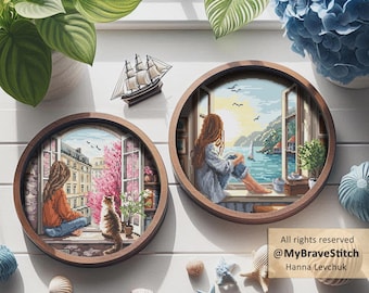 Set of Two Girls by the Window Cross Stitch Pattern  (PDF Pattern)