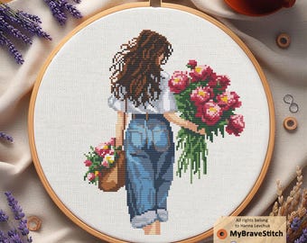 Flower Cross Stitch Pattern, Cross Stitch Flower, Girl Cross Stitch, Peony Cross Stitch, Cross Stitch Pattern Flower