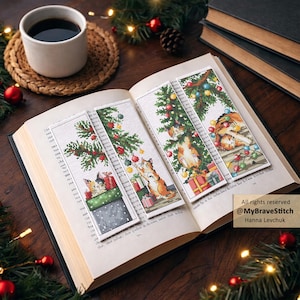 Set van vier bladwijzers met een kerstkat-kruissteekpatroon, digitale pdf-download