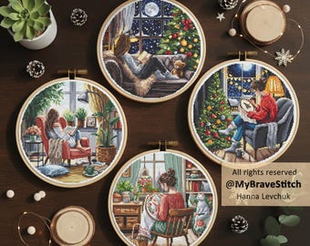 Set of Four Reading and Stitching Girls, Christmas Pattern PDF (Digital Download)
