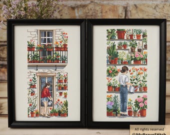 Set of Two Urban Garden & Plant Lady Girl Cross Stitch Pattern, Digital  PDF  Pattern