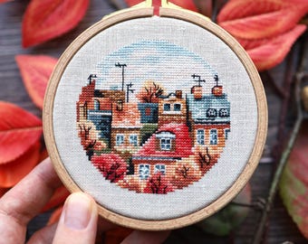 Autumn Houses Miniature Cross Stitch Pattern PDF, Small Fall Coffee Shop Embroidery Design, Digital download, Counted Cross Stitch