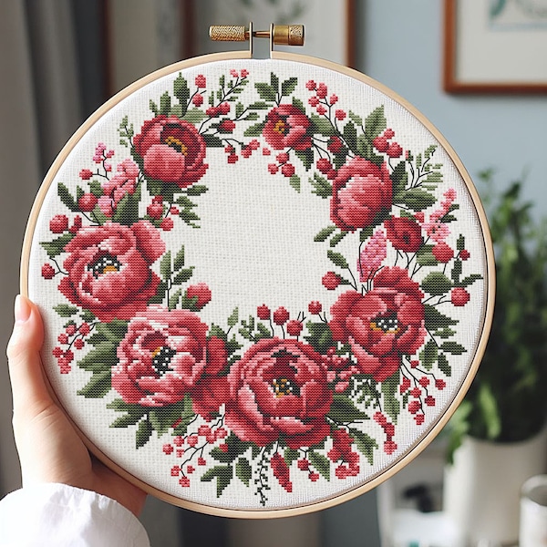 Red Peony Wreath Cross Stitch Pattern, Cross Stitch, Cross Stitch Kit, Cross Stitch Pattern Flower, punto de cruz
