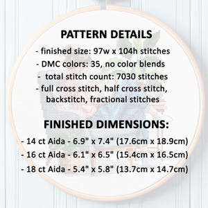 May include: A cross-stitch pattern displayed in a wooden embroidery hoop. The text reads "PATTERN DETAILS" and "FINISHED DIMENSIONS:" with stitch counts, DMC colors, and finished sizes in inches and centimeters for 14, 16, and 18 ct Aida.